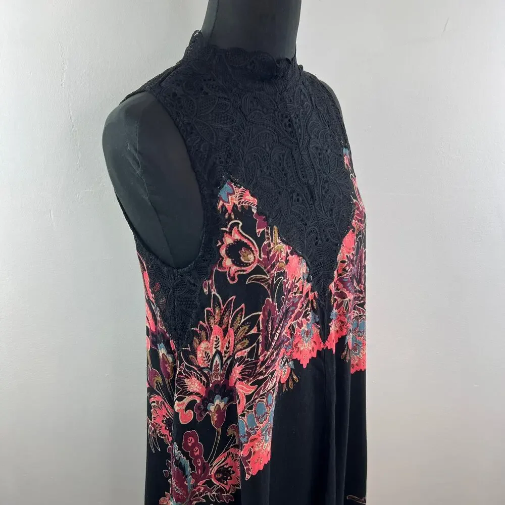 FREE PEOPLE Marsha Black Pink Slip Dress Floral Lace Mock Neck Pullover Medium M